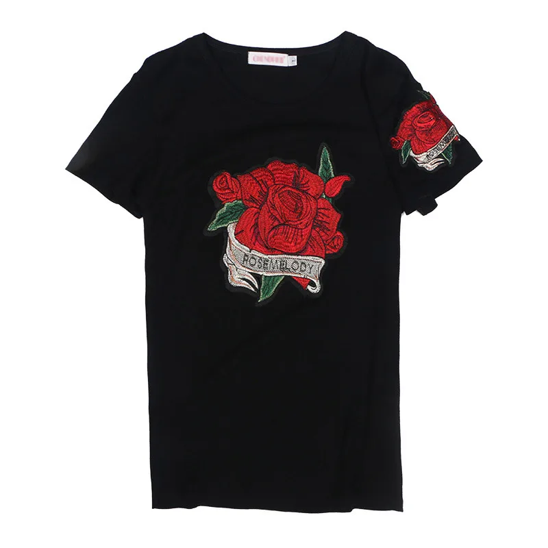 Rose embroidery T-shirt women 2022 summer New Short sleeve Pullovers black cotton round neck casual loose clothes Female tops