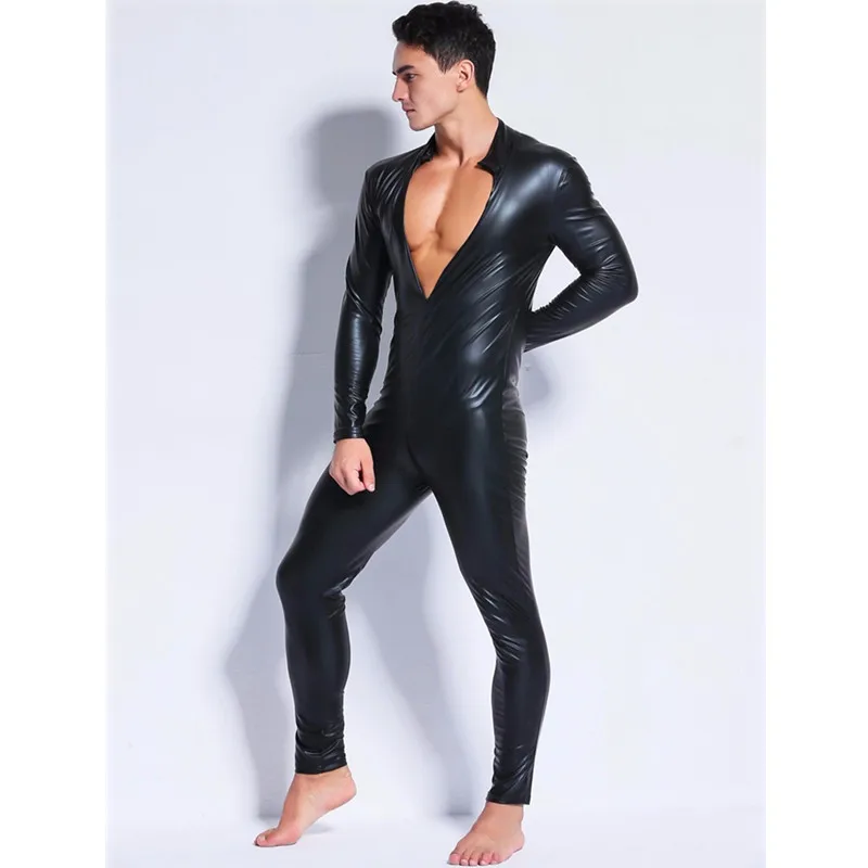 Men Sexy Wetlook Faux Leather Latex Catsuit Bodysuit Hot Erotic Lingerie zentai gay fetish Wear pvc costume Open Crotch Clubwear