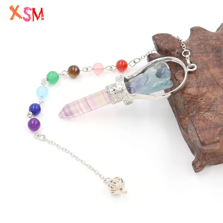 7 Chakra Chain Pendulum Pendant Natural Stone Fluorite Angel Reiki Healing Hexagonal Column Wicca Amulet Dowsing Charms Jewelry