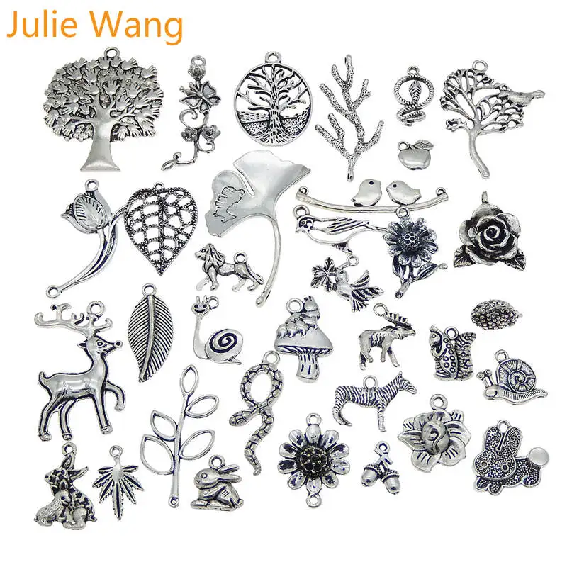 Julie Wang 10PCS Randomly Mix Birds Animal Leaf Flower Charms Antique Colors Necklace Bracelet Jewelry Making Accessory