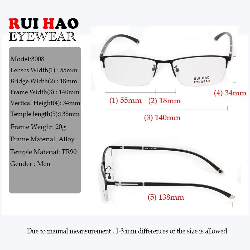 Rui Hao Eyewear Optical Glasses Frame Fashion Alloy and TR90 Temple Half Rimless Eyeglasses Frames Men 3008