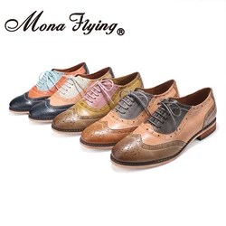 Mona flying Women Leather Wingtip Oxfords sella Brogue perforata colori misti Casual Flats scarpe stringate per donna CS-A068