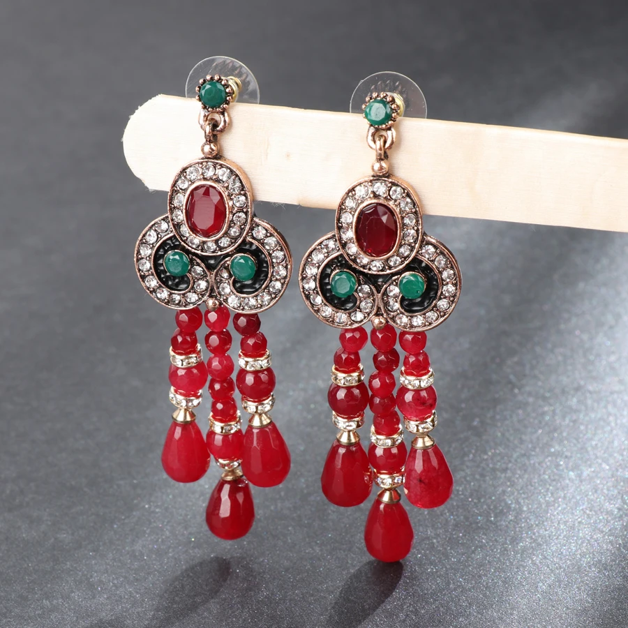 Kinel Red Natural Stone Tassel Earrings For Women Antique Gold Black Enamel Crystal Drop Earrings Ethnic Vintage Wedding Jewelry