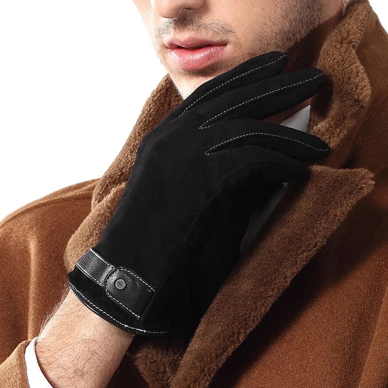 Genuine Leather Gloves Male Black Men Suede Sheepskin Gloves Autumn Winter Warm Wrist Buckle Driving Glove 9001