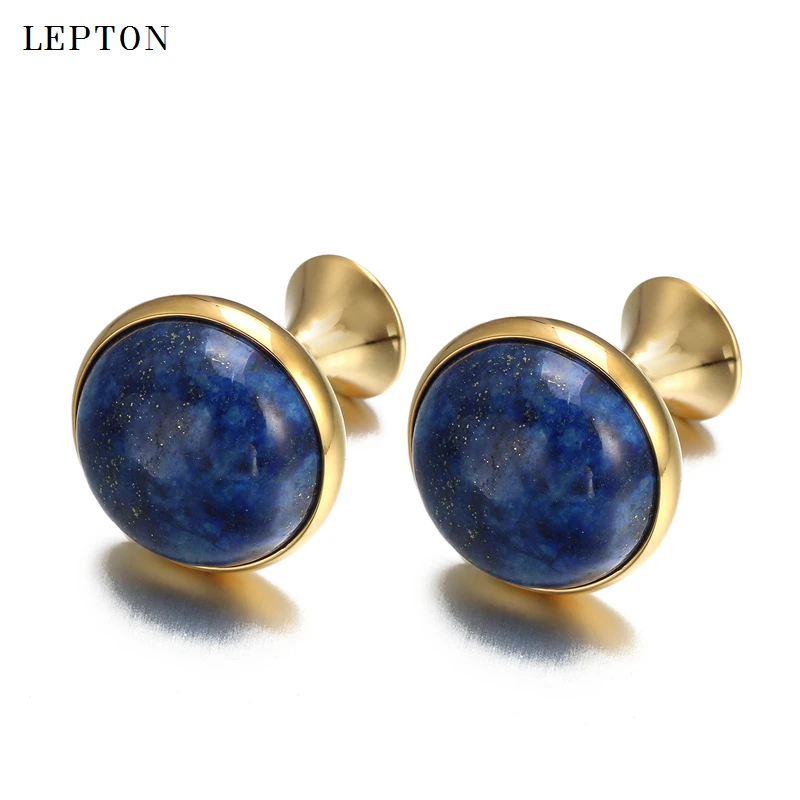 

Low-key Luxury Lapis Lazuli Cufflinks for Mens Gold Color Lepton High Quality Round Lazurite Stone Cuff links Relojes gemelos