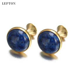 Low-key Luxury Lapis Lazuli Cufflinks for Mens Gold Color Lepton High Quality Round Lazurite Stone Cuff links Relojes gemelos