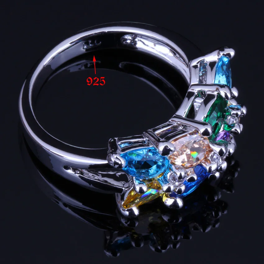 Elegant Multigem Multicolor Brown Morganite Silver Plated Ring V0087