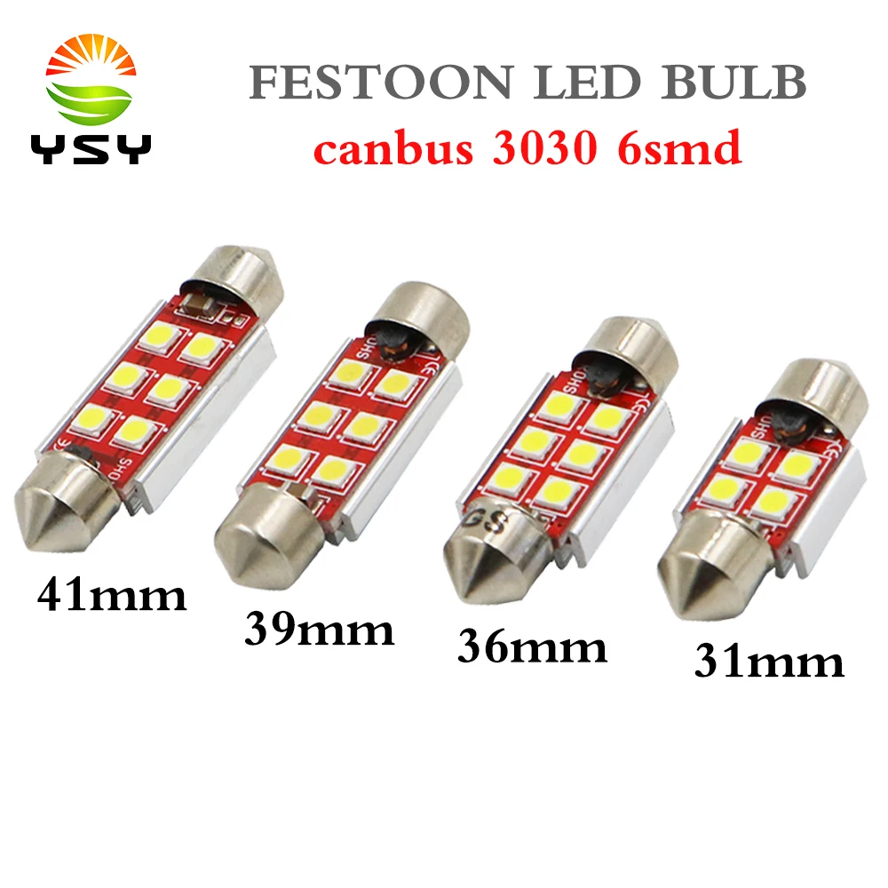 

YSY 200pcs 3030 4 SMD 31mm 3030 6 SMD 36mm 39mm 41mm Festoon Canbus Error Free C5W Festoon Dome Reading LED Light white 12v 24v