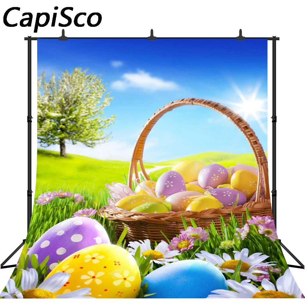 خلفية صورة كابيسكو لعيد الفصح، بيض عيد الفصح السعيد، زهور الربيع، عشب فاتح، خلفية تصوير للأطفال باللون الأخضر