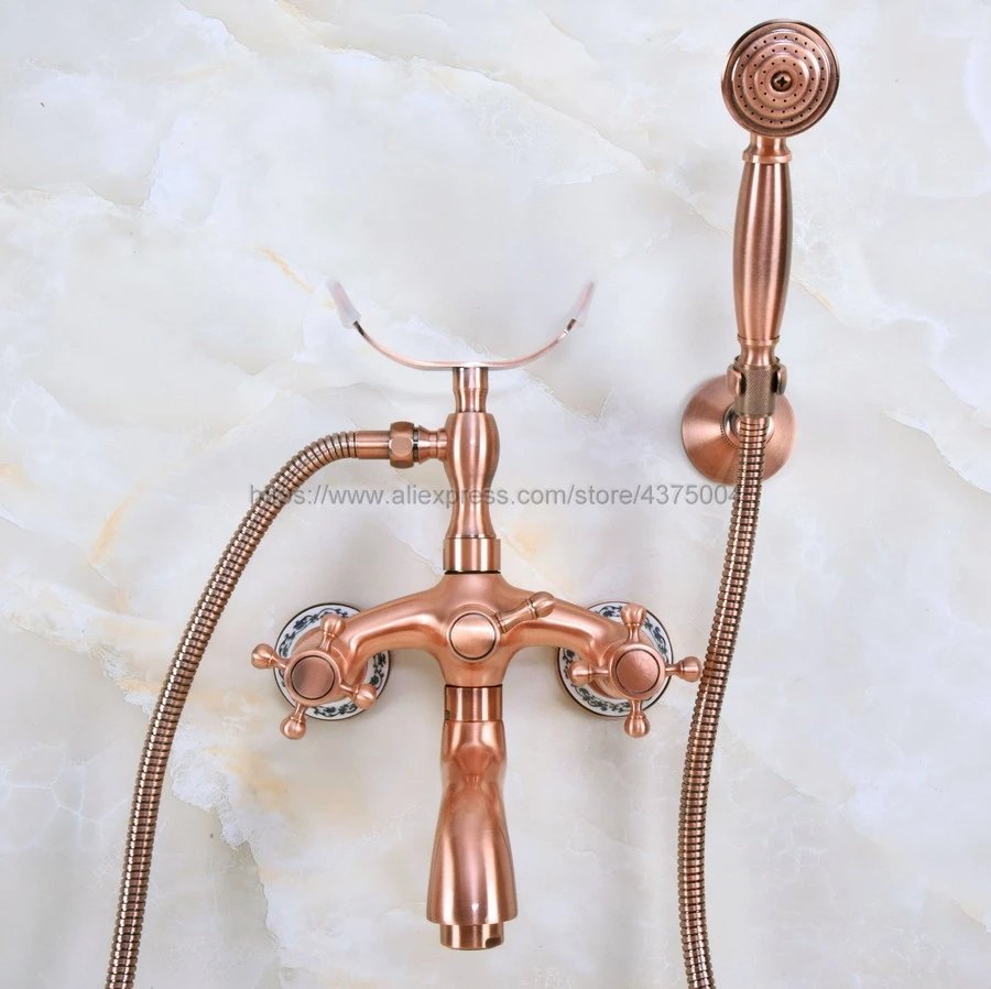 

Antique Red Copper Bathroom Tub Faucet Telephone Style Bathroom Bathtub Wall Mounted With Handshower Swive Tub Spout Nna372