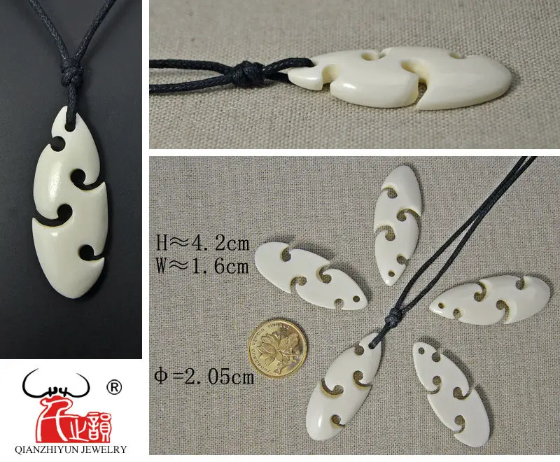 3PCS Handmade Carved Yak Bone Sea Wave Pendant New Zealand Maori Style Bone white Beads DIY Jewelry Accessory 42mmX16mm