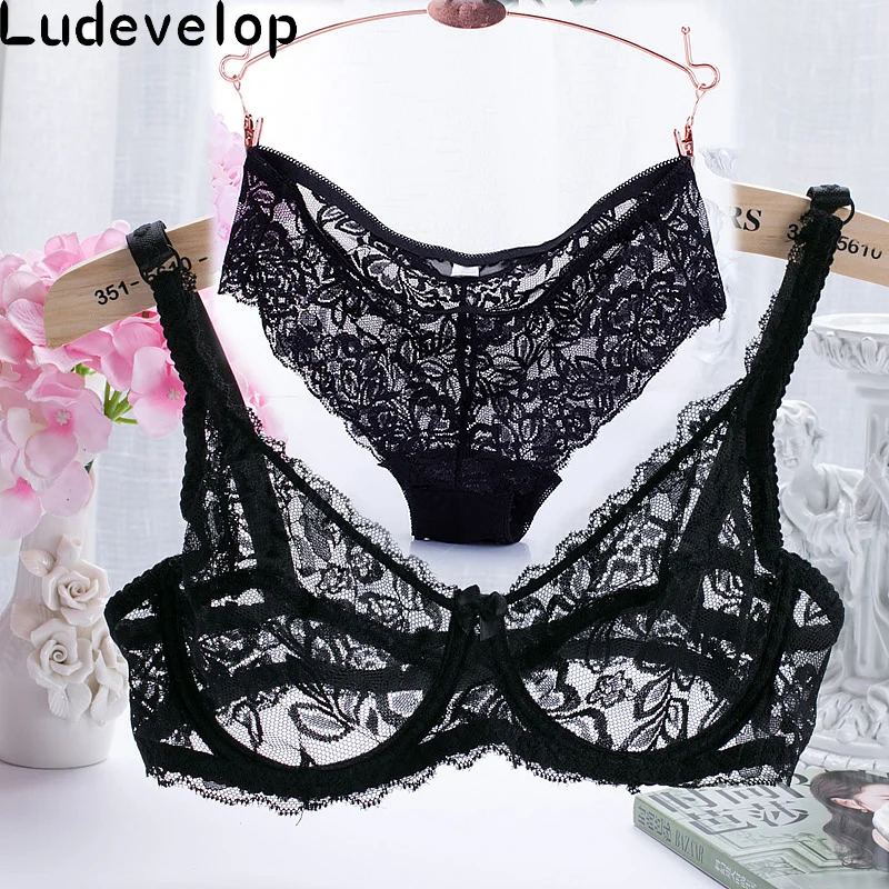 Newest Very Sexy Women Half Cup Lace Bra + Briefs Plus Size Ultra-thin Sexy Plunge Bra Sets 32-40 A B C Cup Free Shipping