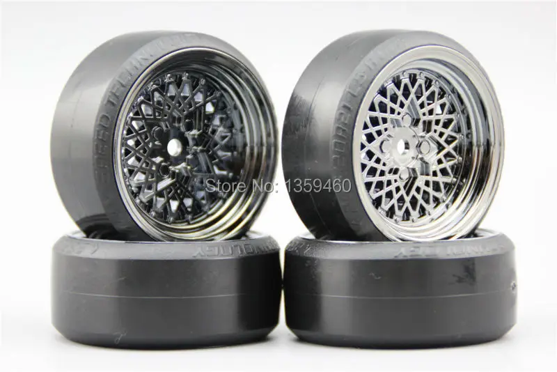 Pre-Glued 4pcs RC CS-R Drift Tires Tyre Wheel ClassicCH 6mm offset (Chrome Gray) With Silencing Sponge For 1/10 drift