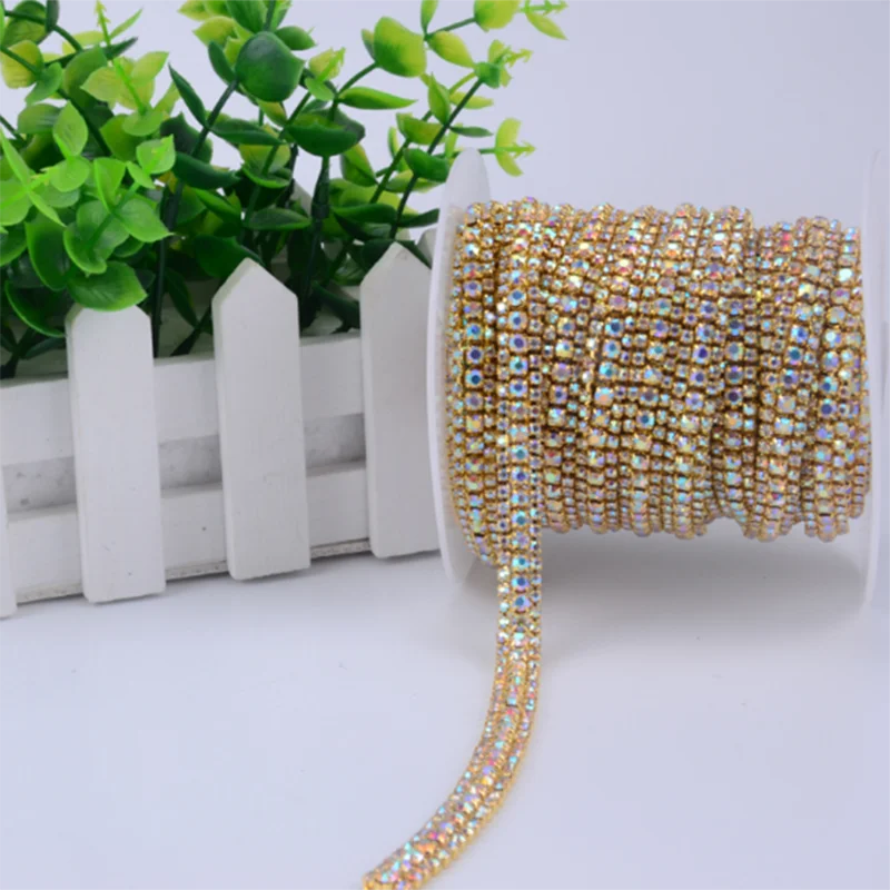 

5Yards 3 Rows Crystal Rhinestone Trim Gold Silver Base With Claw Dress Decoration Trim Applique Sew On Garment Bags 9mm