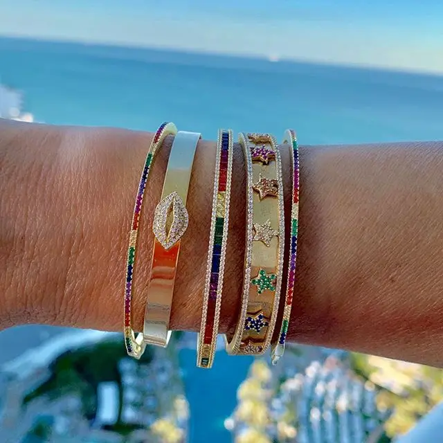 Luxury Classic Fashion Multi Color Full Rainbow Cz Bracelets Elegance Women Girl Simple Open Adjust Romantic Charm Brand Jewelry