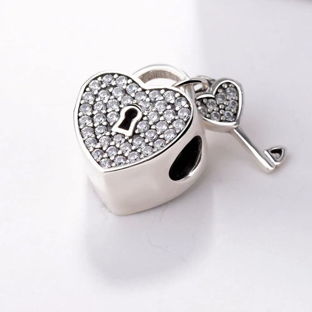 Authentic 925 Sterling Silver Charm Bead Heart Lock Crystal Beads For Original Pandora Charm Bracelets & Bangles Jewelry