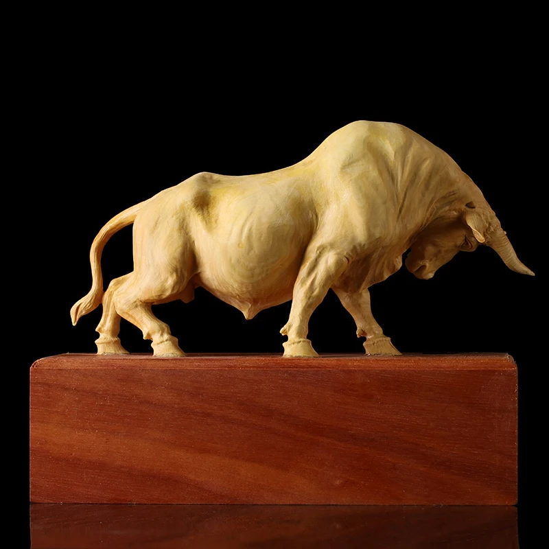 Solid Wood Bull Carving Wall Street Desktop Decoration, Zodiac Town, Large Cow Ornaments, New Year Crafts, Carved