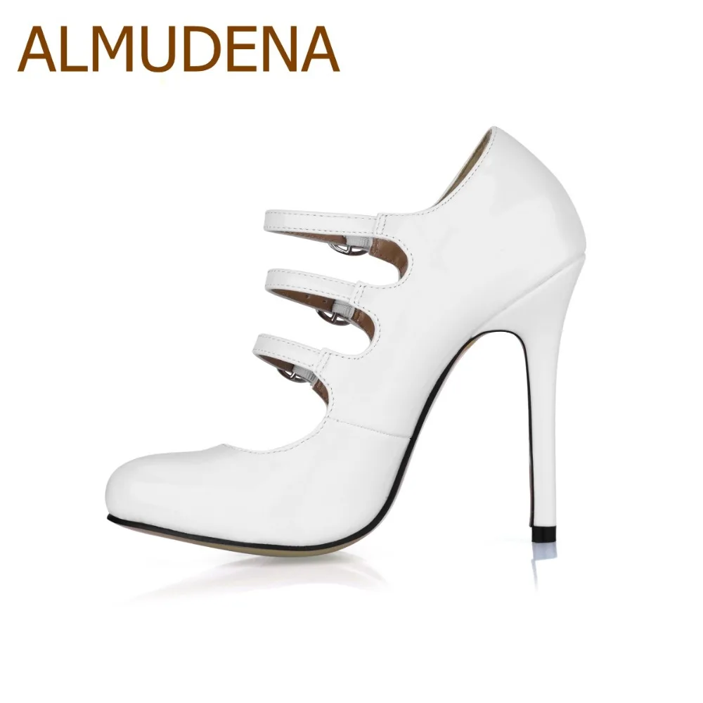 

ALMUDENA Top Brand White Black Triple Buckle Straps High Heel Pumps Stiletto Heels Hollow Out Dress Pumps NightcluB Shoes