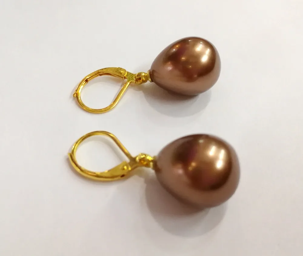 

12x16mm women Jewelry classic Earring Coffee Brown water drop beads natural South Sea shell pearl dangle gold color hook Earring