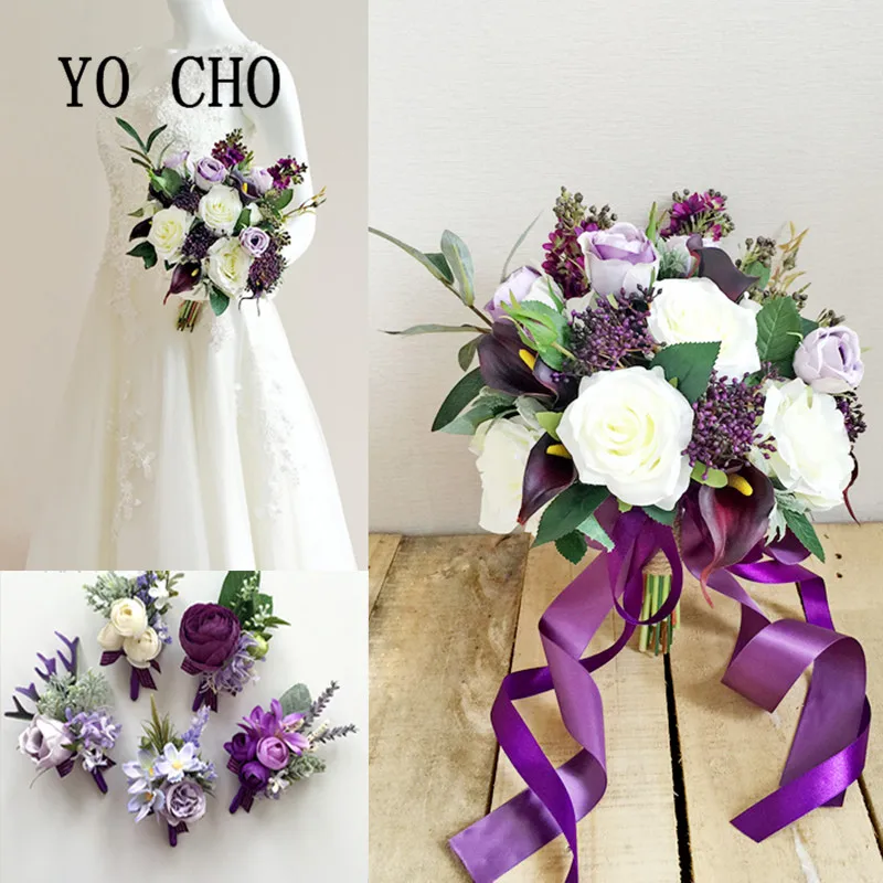 YO CHO Beautiful Bride Wrist Corsage Bracelet Bridesmaid Sisters Hand Flowers Marry Man Party Prom Temperament Purple Tea Rose