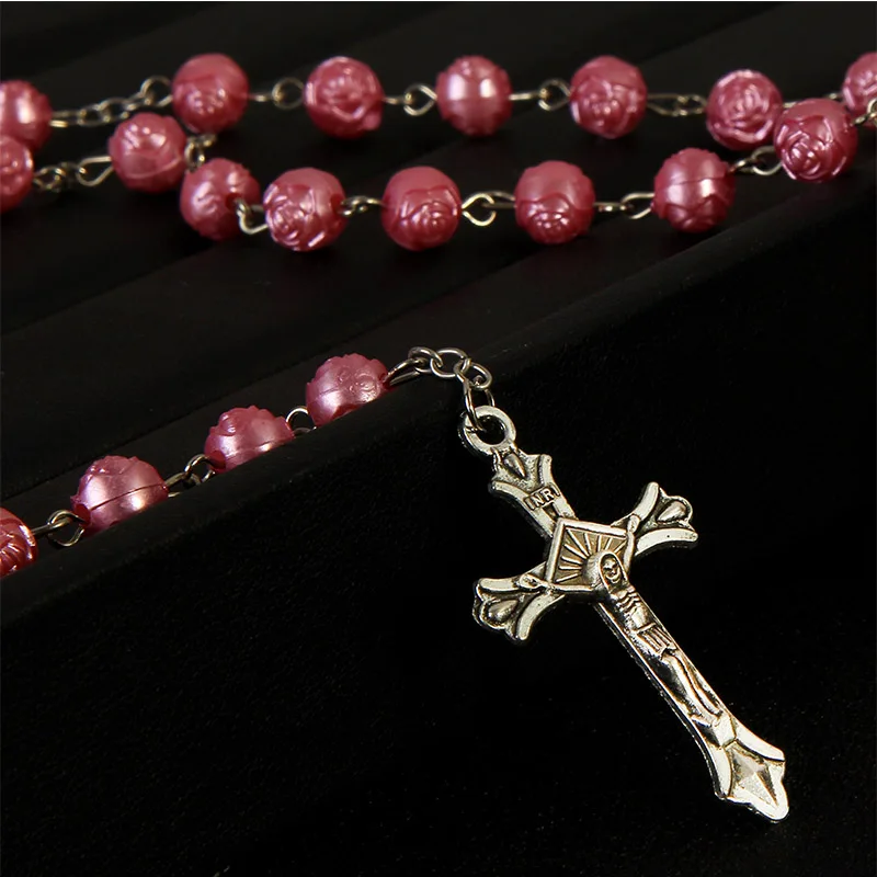 Religious crystal rose Fatima rosary cross necklace. Fatima rosary blessed the cross necklace. 8 mm. 48 pieces