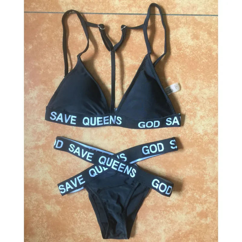 Maillot de bain élastique God Save Dinner pour femmes, Bikini Push Up, Maillot de bain bandage croisé, Taille haute, Noir, Rose