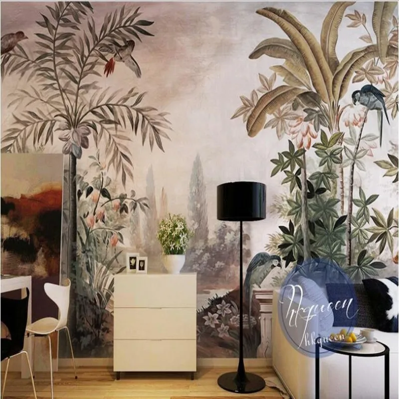 

beibehang Customized large-scale fresco-style retro-style hand-painted tropical plant background wall non-woven wallpaper