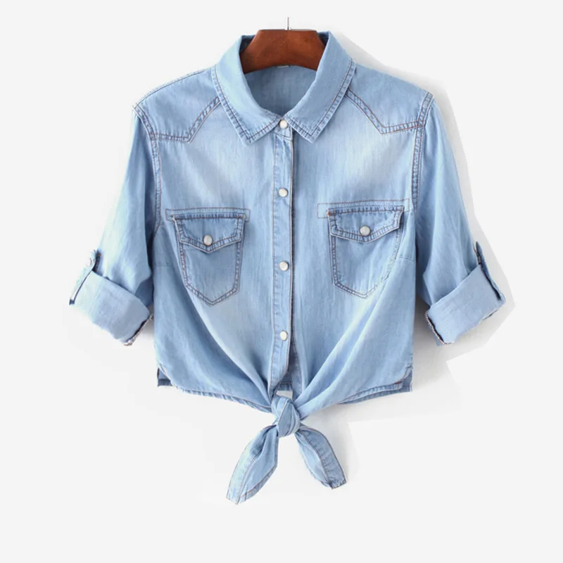 Của phụ nữ Áo Mùa Hè Nữ Denim Jacket Áo Sơ Mi Mỏng Ngắn Knot Khăn Choàng Crop Tops Cardigan Kem Chống Nắng Quần Áo