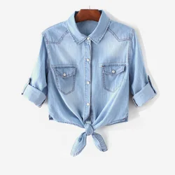 Blusa das mulheres do Sexo Feminino Verão Denim Camisa Jaqueta Fina Curto Nó Xale Colheita Tops Cardigan Protetor Solar Roupas