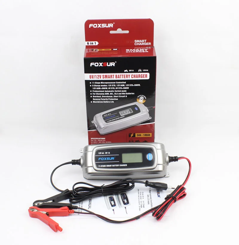 FOXSUR 12V 4A 6V 1A 11-stage Smart Battery Charger, 6V 12V EFB GEL AGM WET Car Battery Charger with LCD display & Desulfator