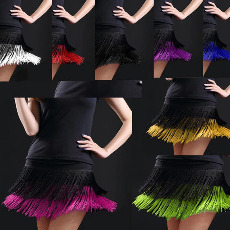 Hot Sale Adult Lady Latin Dance Skirt for Women's Double Layers Tassel Latin Dance Practice Skirt Colored Fringed Skirt