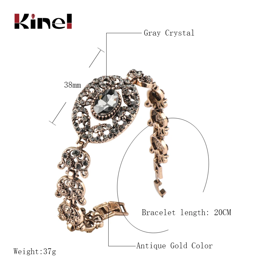 Kinel New Vintage Cuff Bracelets For Women Antique Gold Color Gray Stone Flower Bangle Spring Indian Turkish Wedding Jewelry