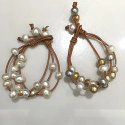 Casual sporty Baroque Natural Fresh water Pearl bracelet brown leather fashion women jewelry 10MM some hole or spots