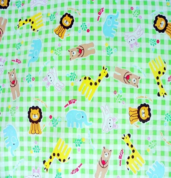 ZY DIY Cute 50x160cm Green Check Happy Zoo Animals 100% cotton twill cotton Fabric for DIY kids bedding doll dress cushions