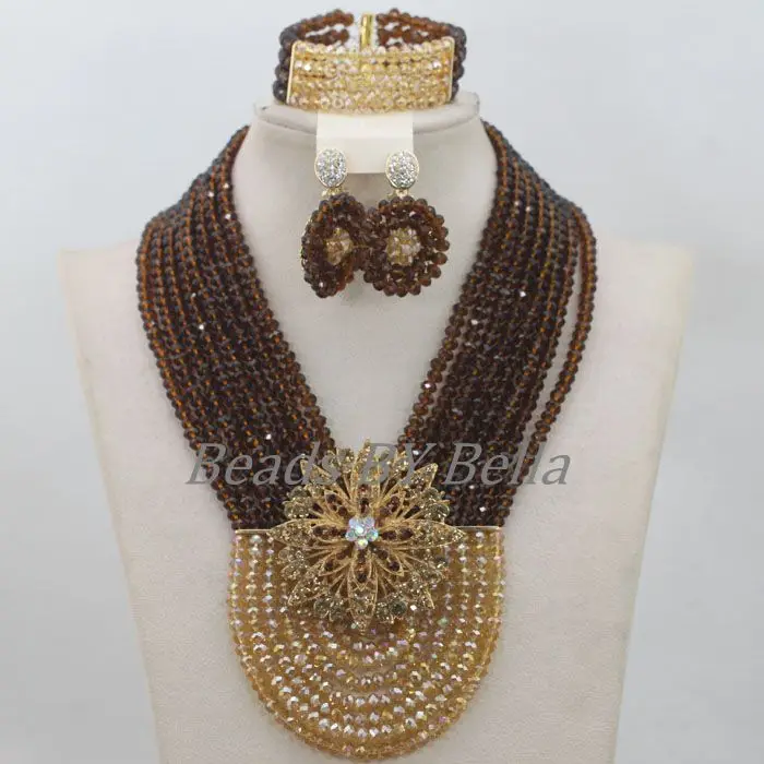 Hot Sale Nigerian Wedding Beads Necklace Brown Gold African Fashion Jewelry Set Crystal Beads Jewellery Set Free Shipping ABF701