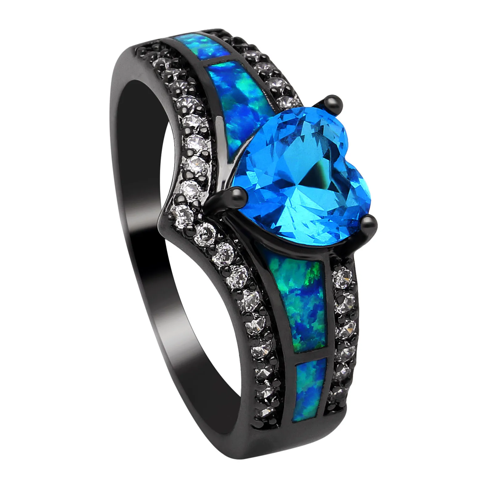 

Sky Blue Purple Rainbow Stone Fire Opal Heart Rings for Women Black gold color Fashion Jewelry Wedding Ring Gift