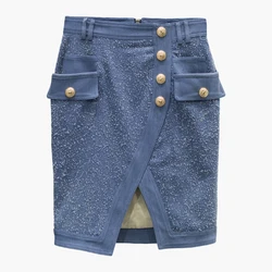 HIGH QUALITY New Stylish 2024 Designer Skirt Women's Metal Lion Buttons Denim Skirt