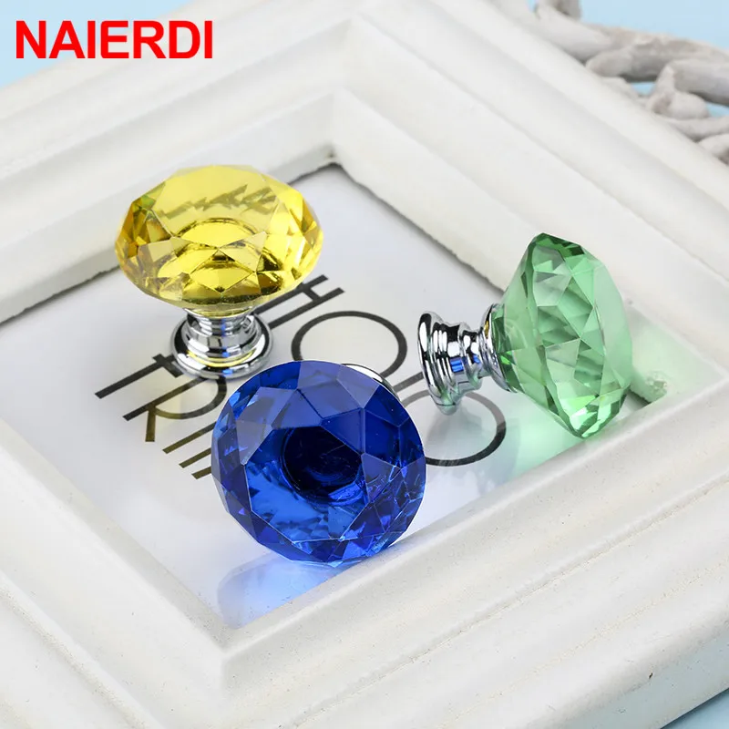 NAIERDI Crystal Glass Knobs Diamond Shape Design Cupboard Drawer Pull Kitchen Cabinet Door Wardrobe Handles Hardware