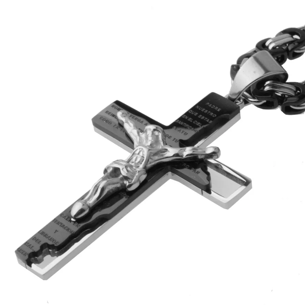 New Arrival Jesus Cross Crystal Pendant Necklace Link Byzantine Silver Black Color Stainless Steel Men Jewelry Collier 18-30\