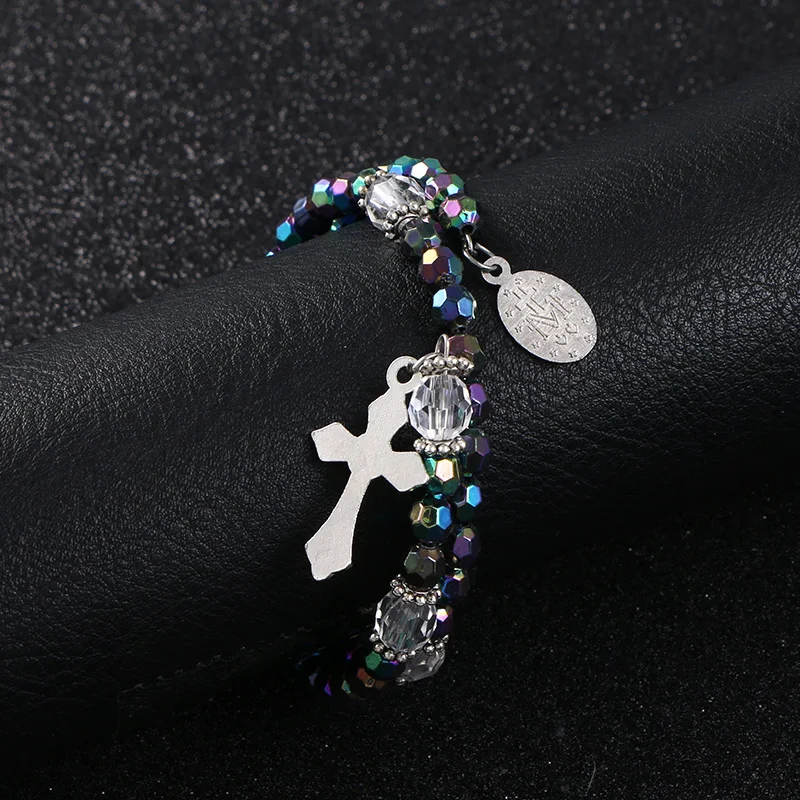 KOMi 6mm Acrylic Double Layer Colored Beads Cross Pendant Bracelet Jesus Religious Orthodox Catholic Charm Rosary Jewelry Gift