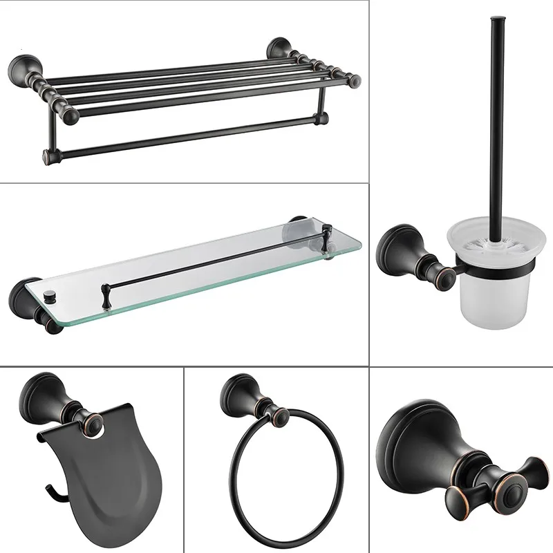 

Oil Rubbed Bronze 6-Piece Bathroom Hardware Accessory Set shelf towel rack Toilet brush paper holder Robe hook towel ring