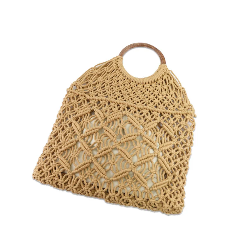 Popula Cotton Rope Hollow Straw Bag Sheer Macrame Tote wooden ring rattan handle Net Bag Vintage Retro Chic handbag