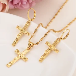 Jesus Cross Jewelry Sets Classical Necklaces Earrings Set Gold Color Brass,Arab/Africa Wedding Bride's Dowry Women Girls Gifts