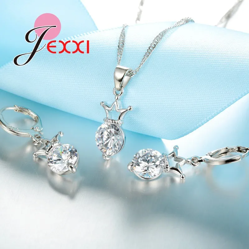 Luxury Imperial Crown Bridal Wedding Jewelry Set For Women 925 Sterling Silver Wedding Engagement Necklaces Earrings Set