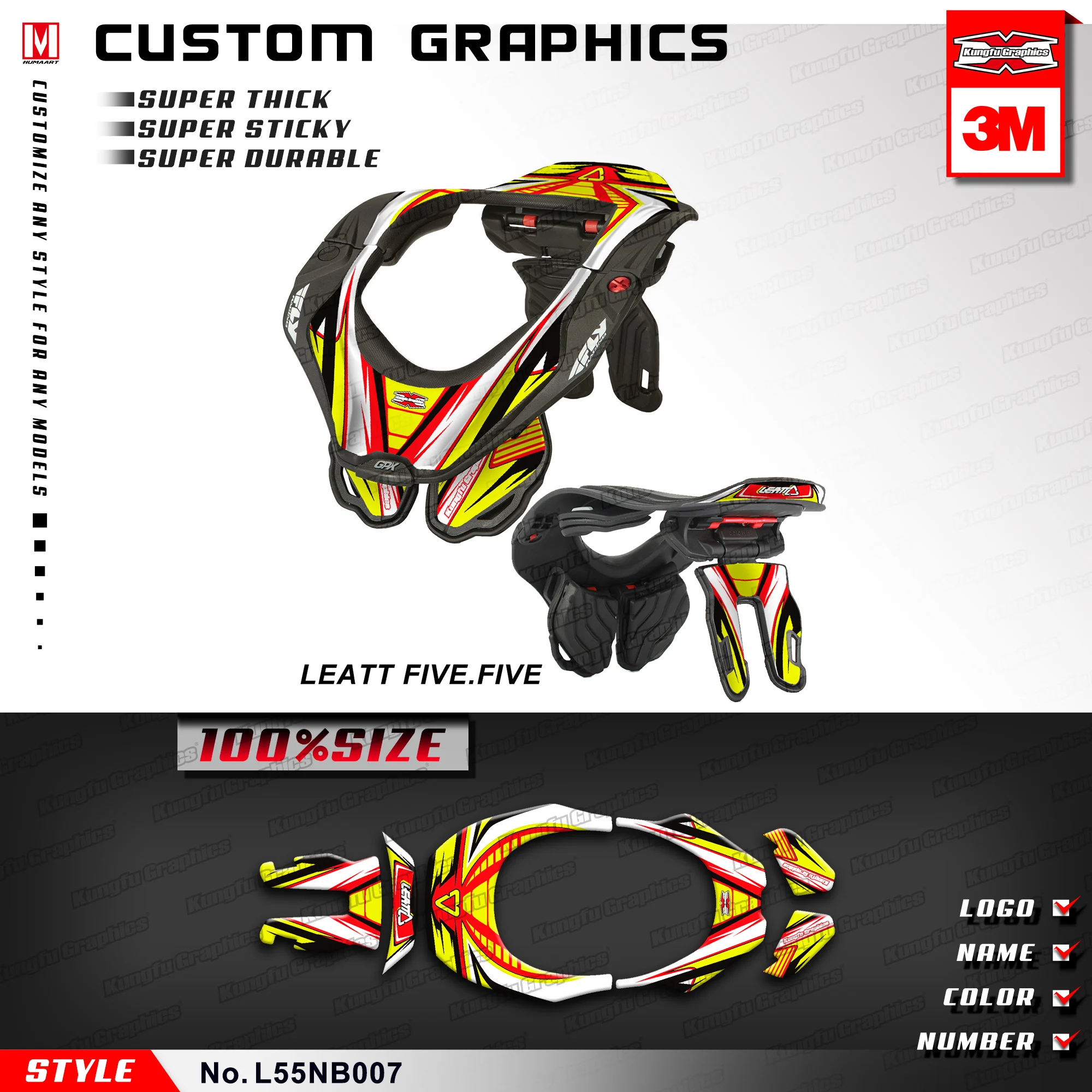 KUNGFU GRAPHICS Racing Stickers Motocross Decals Yellow Wraps for Leatt Brace 5.5 2012 2013 2014 2015 2016 (Style no. L55NB007)