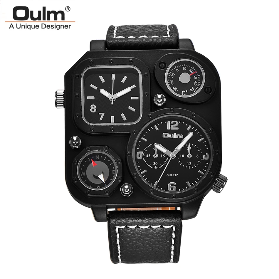 Oulm 1169 Black Sport Men\'s Watches Square Dial Unique Decorative Compass Male Quartz Watch Casual Men Wristwatches