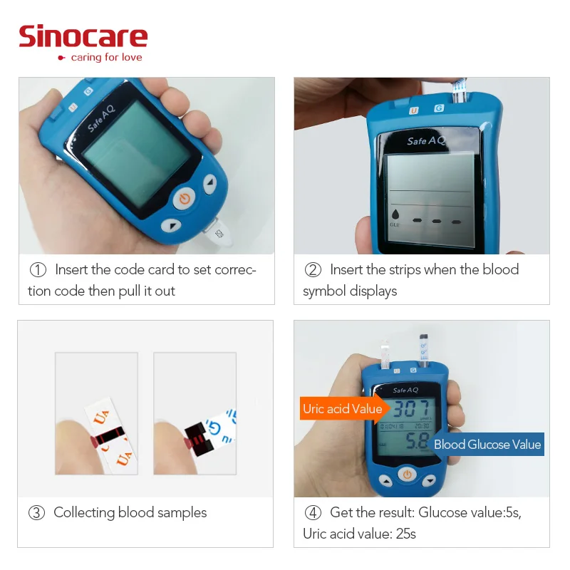Sinocare Safe AQ UG Uric Acid Blood Glucose Meter & Glucose Strips/Uric Strips for Diabetes Gout Pregnant Glucometer Test Kit