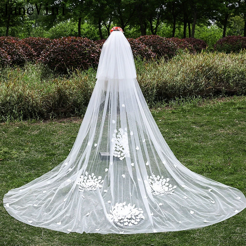 

JaneVini 2019 Elegent Wedding Veil Two Layers 3D Flowers Cathedral Soft Tulle Long Bridal Veils with Comb Velo De Novia 3 Metros