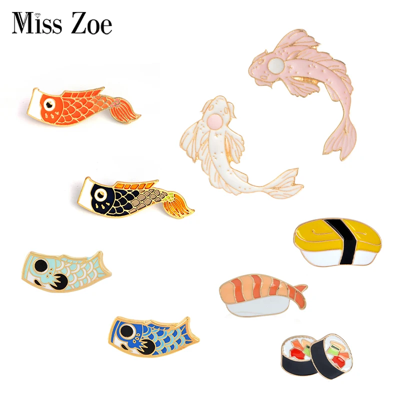 Japanese Style Collection Enamel Pins Koi Squid Flag Brooches Backpack Clothes Lapel Pins Sushi Salmon Badges Cartoon Jewelry