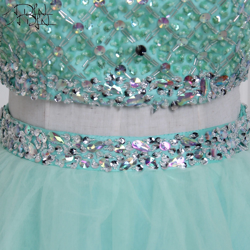 ADLN Foto Real Verde da Hortelã Vestidos Quinceanera 2017 Lindo Frisado Cristal Lantejoulas Duas Peças Vestido de Baile Doce 16 Vestido